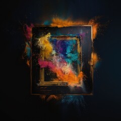 Bright splashes of paint on a black background with a frame and a cloud of colored dust.