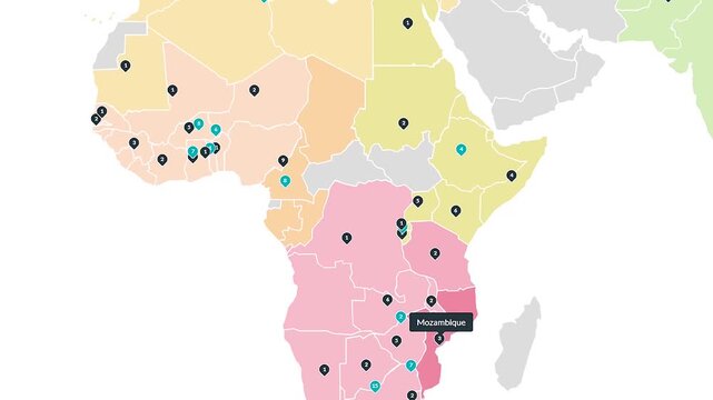 Map of Africa. Schematic representation of the surface of the continent. Image of countries and states. Political map. Colored designation of regions. Vector image. Observation. Travel material