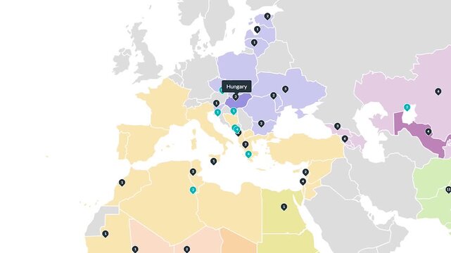 Map of Europe. Schematic representation of the surface of the continent. Image of countries and states. Political map. Colored designation of regions. Vector image. Observation. Travel material