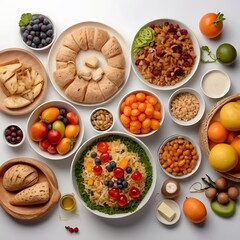 Food day decoration of meal, vegetables and fruits. Creative concept for healthy foods, fresh vegetables, fruit, with plate, food day celebration with attractive healthy food in white background