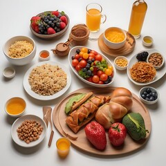 Food day decoration of meal, vegetables and fruits. Creative concept for healthy foods, fresh vegetables, fruit, with plate, food day celebration with attractive healthy food in white background