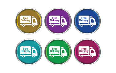 Free delivery text in round 3d button with shipping van cargo , home express deliver service vector label with fast car truck. delivery service logo