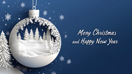 A stylish and minimalist Christmas greeting card design featuring a white Christmas ornament with a winter landscape silhouette.