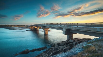 Fototapeta premium Newport Rhode Island Bridge. Iconic Landmark on the Rocky Coastline at Sunrise