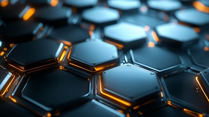 Fototapeta premium Abstract futuristic 3D render of a dark metallic hexagonal grid pattern illuminated by glowing orange light and blue reflections.