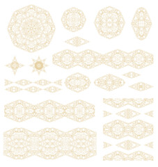 Fototapeta premium Ornamental golden laced vector floral compositions, border ornaments, flourish vignettes, rosette, mandala on white background