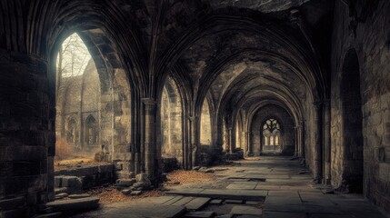 Decayed Old Cathedral. Ancient Stone Architecture with Arched Tunnel in Medieval Castle
