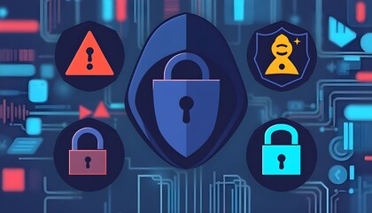 Futuristic warning icons, cyber security, dynamic technology, save innovation technology from hackers with warning icons concept.