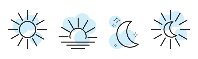 Sun and moon outline icon. Dark and light theme for app concept. Web ui sign. Moonlight and sunlight symbol. Simple flat design.