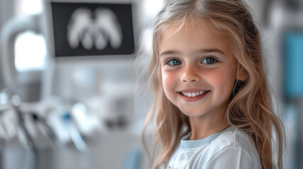 Una niña en el dentista orgullosa del tratamiento que le están ofreciendo. Salud dental.