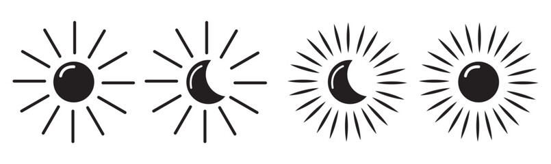 Sun and moon outline icon. Dark and light theme for app concept. Web ui sign. Moonlight and sunlight symbol. Simple flat design.