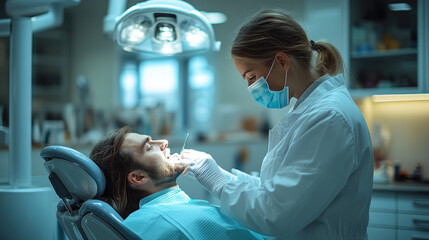 Atención a un paciente en el dentista, concepto de odontología y salud dental. Implantes, caries, extracciones.