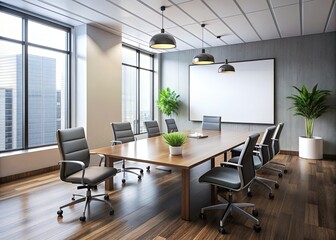 Fototapeta premium Sleek, modern conference room with a large, blank whiteboard and a few, strategically placed, sparse objects, evoking a sense of simplicity and clarity.