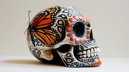 A decorative skull painted with vibrant designs and a butterfly motif.