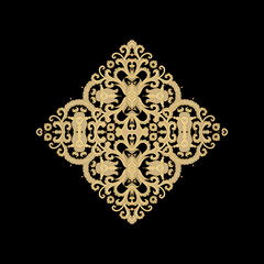 Ornamental golden laced vector floral composition, flourish vignette, rosette, mandala on dark background