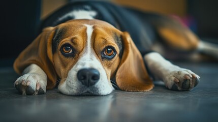 Angry Pet Owner. Beagle Dog Lying Sadly on the Floor, Waiting Unwell for Owner in the Park