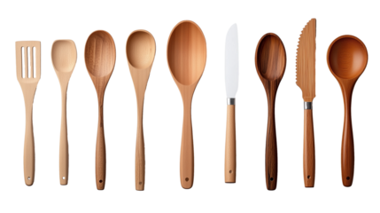 set of wooden kitchen utensils on transparent background