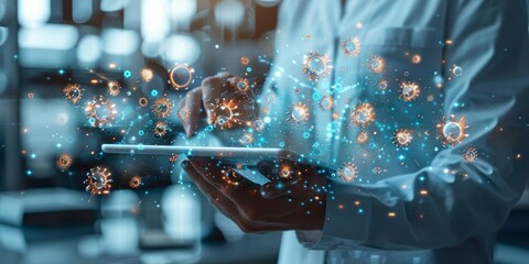 Scientist interacting with a digital tablet displaying floating virus models and data visualization in a lab environment
