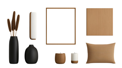 set of home decor vase picture frame candle holder throw pillow  on transparent background