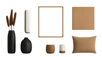 set of home decor vase picture frame candle holder throw pillow  on transparent background