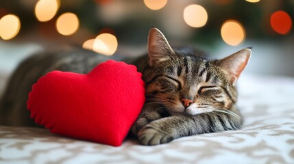 Sleeping tabby cat with red heart plush