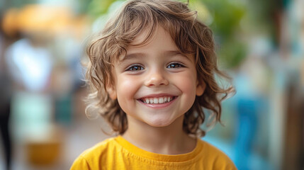 Niño feliz mostrando dientes saludables. Concepto de salud y vida.
