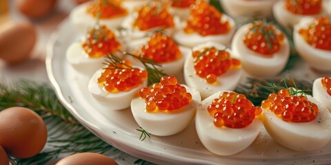 Stuffed eggs with red caviar served on a white plate Traditional festive Russian appetizer Close up shot in horizontal orientation