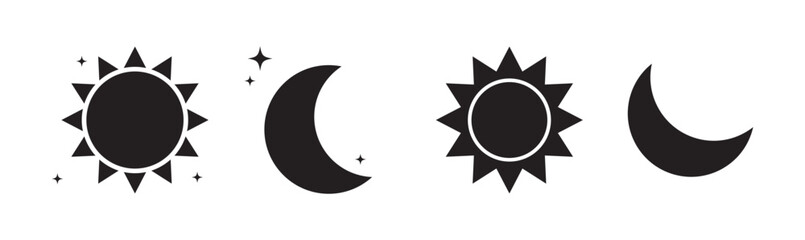 Vector set of linear boho moon, sunset and light rays. Hand drawn sunburst, golden outline sun line art icons in minimal bohemian style. Mystic magic esoteric symbols, celestial logo design elements.