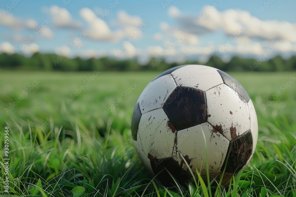 Poster a soccer ball sits alone in the middle of a green field, ready for a game to begin
