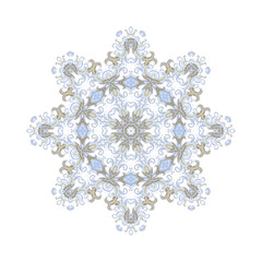 Ornamental golden seleste laced vector floral composition, flourish vignette, rosette, mandala on white background