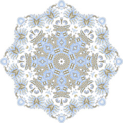 Ornamental golden seleste laced vector floral composition, flourish vignette, rosette, mandala on white background