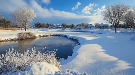 Snow Golf Course. Winter Golfing Experience with Coastal View in Cape Cod, Massachusetts