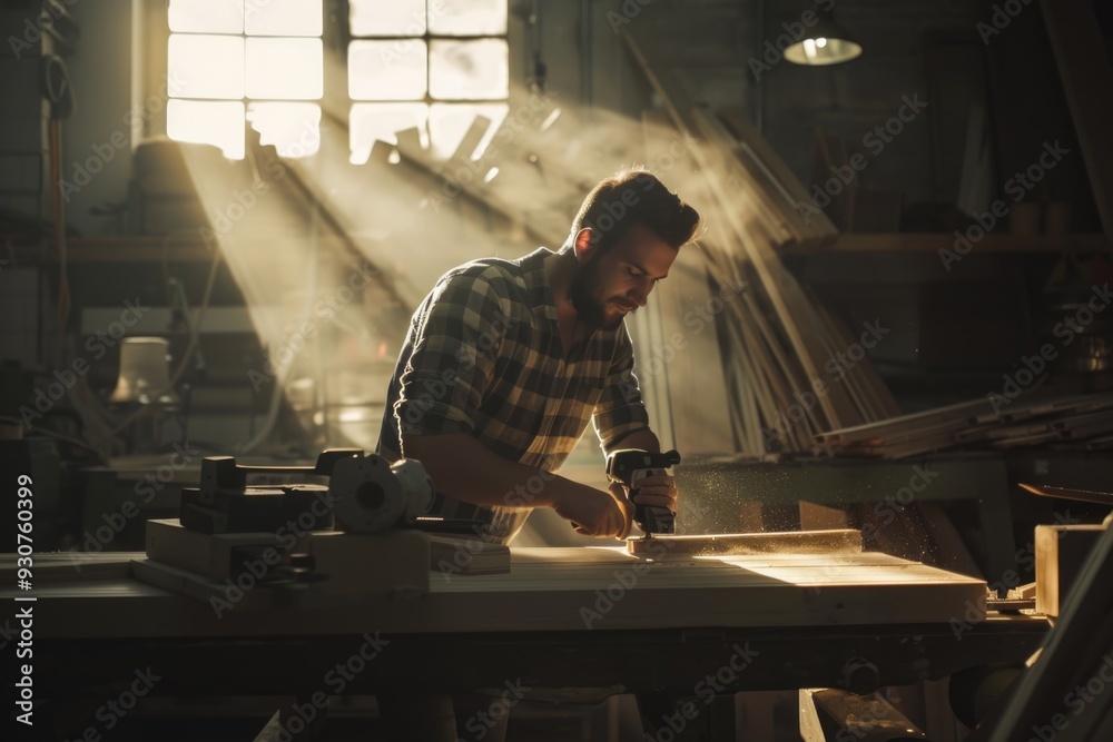 Poster a person works on a wooden project in a well-lit workshop