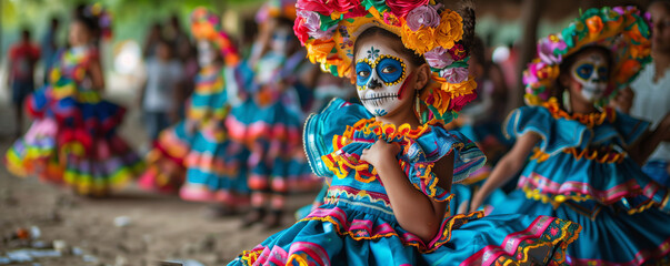 Fototapeta premium A cheerful Mexican girl with Catrina makeup, wearing a traditional dress during a street celebration. Celebration of Día de Muertos, tradition and culture, and generational continuity.