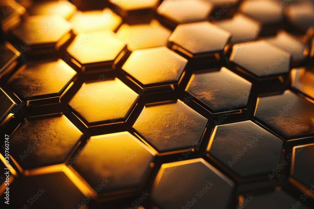 Poster A detailed view of a reflective surface featuring hexagonal patterns