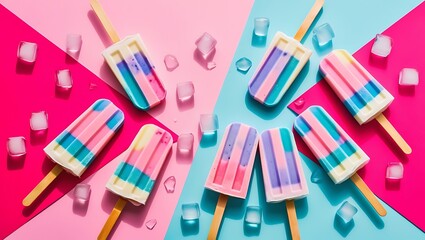 Vibrant and colorful flat lay image featuring popsicle ice cream.