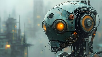 Fototapeta premium A futuristic robot featuring bright orange eyes and a luminous glow.