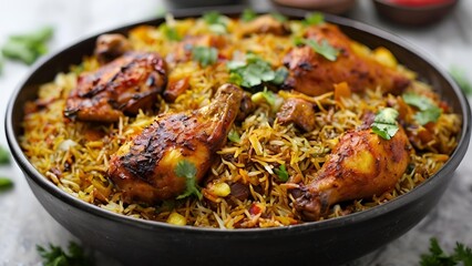 Fototapeta premium A delicious serving of chicken biryani, featuring spiced rice.