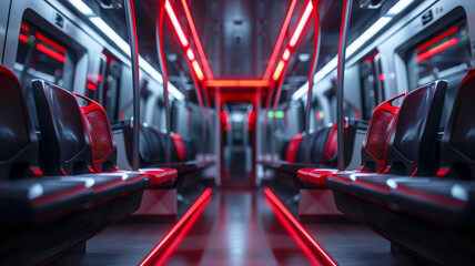 Fototapeta premium Empty metro train with futuristic red lighting inside