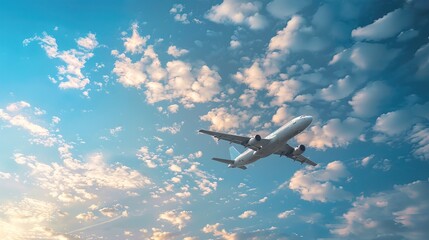 Fototapeta premium Passenger airplane soaring through a clear blue sky with fluffy white clouds, showcasing the majestic beauty of aviation