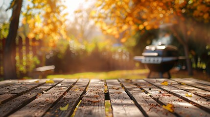 A serene outdoor setting with a wooden table and a grill, surrounded by autumn foliage.
