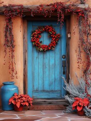 Fototapeta premium New Mexico Chile: Festive Door Decorations in Santa Fe for the Holidays