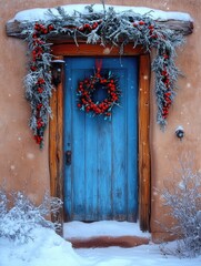 Fototapeta premium New Mexico Chile Ristras Decorating Adobe Doors for the Holidays in Santa Fe