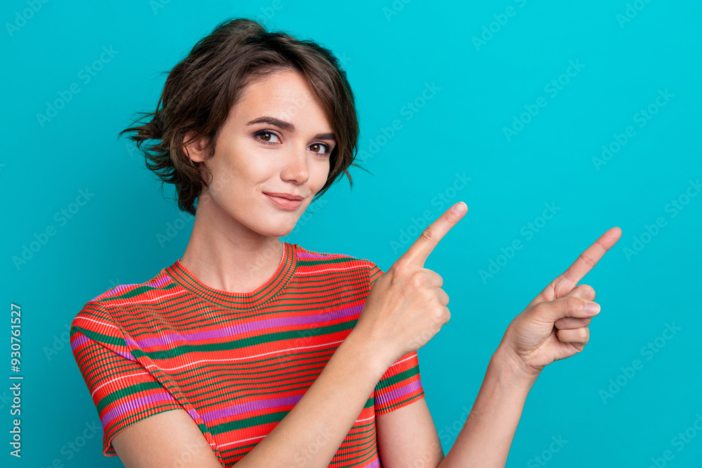 Sticker portrait of cute gorgeous girl with short hairstyle wear stylish shirt indicating at offer empty spa