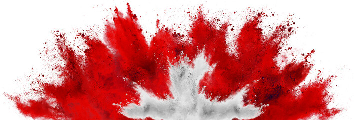 bright red swiss with white cross color holi paint powder explosion flag isolated white background. Switzerland european celebration soccer travel and tourism concept.