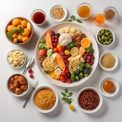 Food day decoration of meal, vegetables and fruits. Creative concept for healthy foods, fresh vegetables, fruit, with plate, food day celebration with attractive healthy food in white background