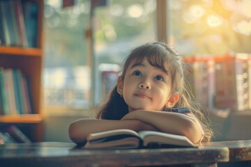 Young girl sitting at a table with an open book, great for education or childhood scenes