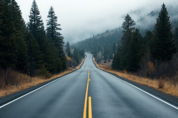 Fototapeta premium Winding road through pine forest, fog shrouds distant mountains, moody atmosphere