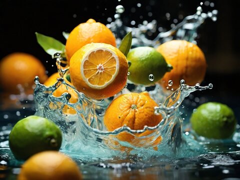 A high-speed photograph capturing fresh citrus fruits such as oranges, lemons, and limes falling into clear water, creating a dynamic splash with vibrant colors and motion. 