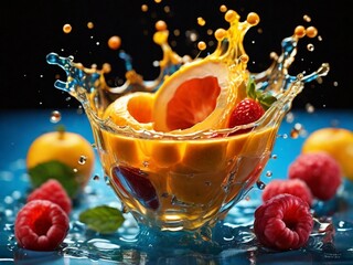 Colorful fruit falling into juice, with dynamic and vibrant motion. The image is isolated on a plain background, emphasizing the fresh and juicy appeal of the fruit and the clean, bright splash of jui